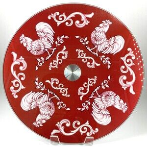 Temptations Lazy Susan Beautiful Rooster Chicken Glass Red & White holiday gift